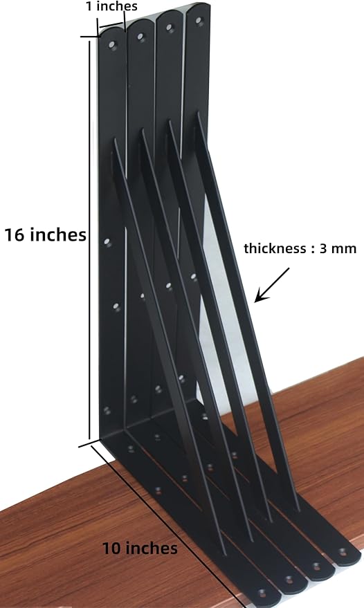 2 Pack L16 x H 10" Black Heavy Duty Shelf Brackets with Screws Metal Shelf Brackets Shelf Support Angle Brackets for Shelves L Brackets Heavy Duty Floating Shelf