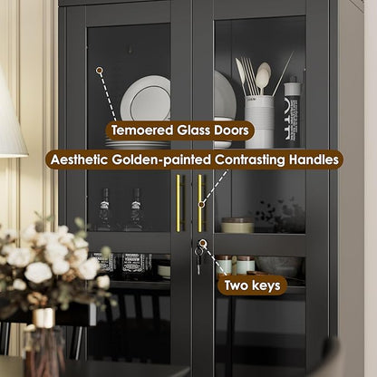 Metal Arched Cabinet with Lock, Arch Display Bookcase with Glass Doors/Shelves, Modern Freestanding Kitchen Pantry Storage Cabinet for Dining Room, Home, Office, Assembly Required (Black)