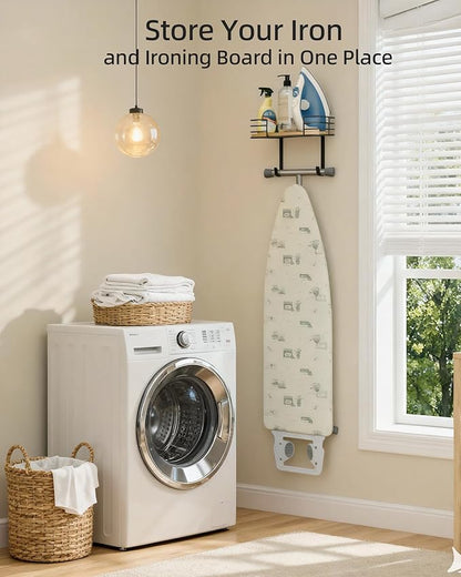 THYGIFTREE Ironing Board Holder Wall Mount, Metal Ironing Board Hanger with Shelf Laundry Room Accessories Holder for Holder for Ironing Board and Iron on Wall