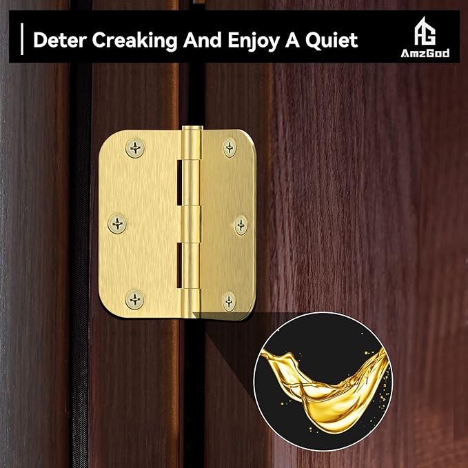 Gold Door Hinges - 3 Pack Satin Brass Door Hinges 3.5 Inch Rounded Interior Door Hinge with 5/8" Radius - 3 1/2 Inches Brushed Brass Hinges for Residential Standard Doors