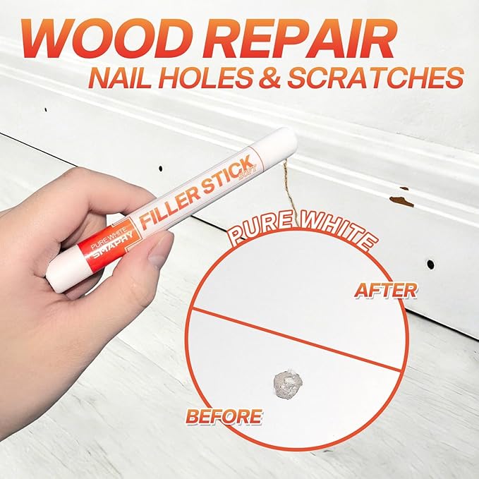 White Wood Filler Sticks 3 Pack - Fil Stick Quickly Fix Nail Hole, Ding, Scratch in Baseboard, Cabinet, Trim, Furniture & Drywall - Wood Repair Putty Wax Pen for Renters & Movers - Pure White