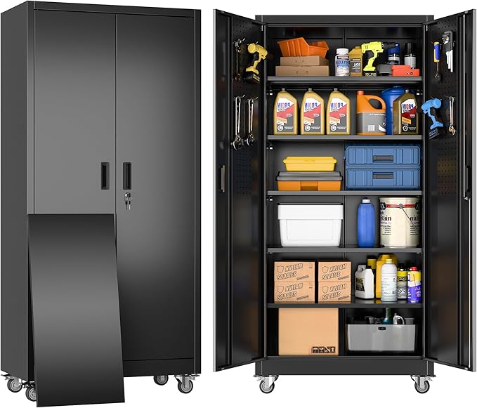Lockable Garage Storage Cabinet with Wheels and Pegboard, 71" H Black Metal Storage Cabinet with 5 Adjustable Shelves and 4 Hooks for Garage, Home, Assembly Required, Black