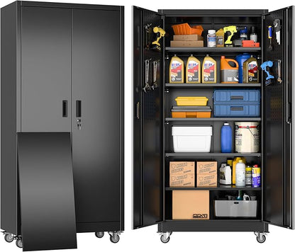 Lockable Garage Storage Cabinet with Wheels and Pegboard, 71" H Black Metal Storage Cabinet with 5 Adjustable Shelves and 4 Hooks for Garage, Home, Assembly Required, Black