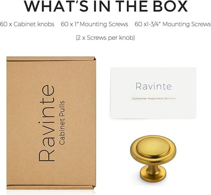 Ravinte 60 Pack 1-1/4 inch Kitchen Cabinet Knobs Brushed Brass Dresser Zinc Pulls Door Drawer Handles for Dresser Drawers