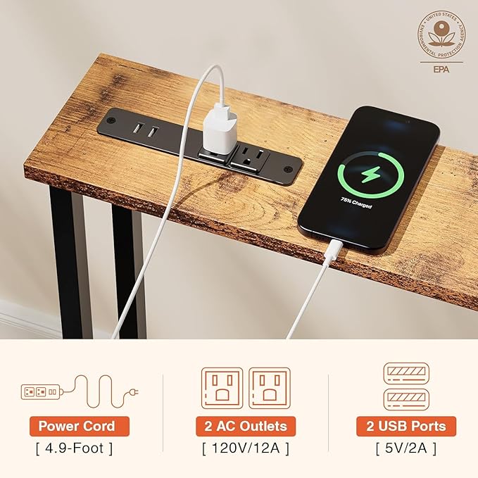 63" Sofa Table Narrow Long - Power Outlets & 2 USB Ports, Metal Frame,Behind Couch Table Behind Sofa for Living Room, Hallway, Entrance- Easy Assembly, 4.9' Extension Cord Included.