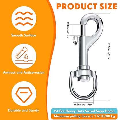 Therwen 24 Pcs Swivel Snap Hooks for Dog Leash Heavy Duty 2.76 Inch Flag Clasp Single Ended Clip Hooks Multipurpose Bolt Snap for Keychain Camera Strap Linking Pet Leash(Classic Style,0.59")