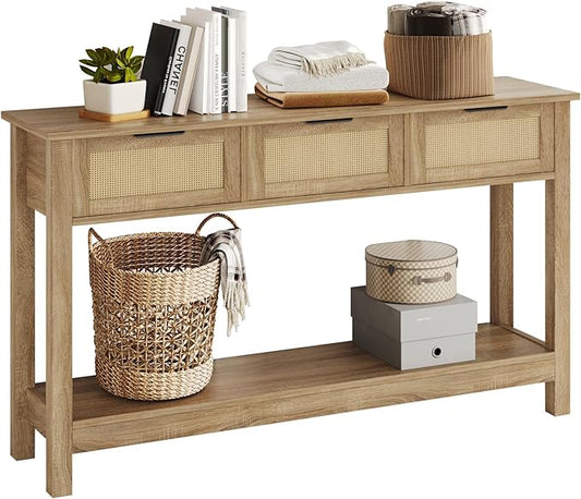 Luoxiao Rattan Console Table Boho Entryway Table with 3 Drawers Storage, Narrow Long Behind Couch Sofa Table for Living Room Side Table Entry Way Table Entrance Hallway Foyer, Natural, 47 Inch
