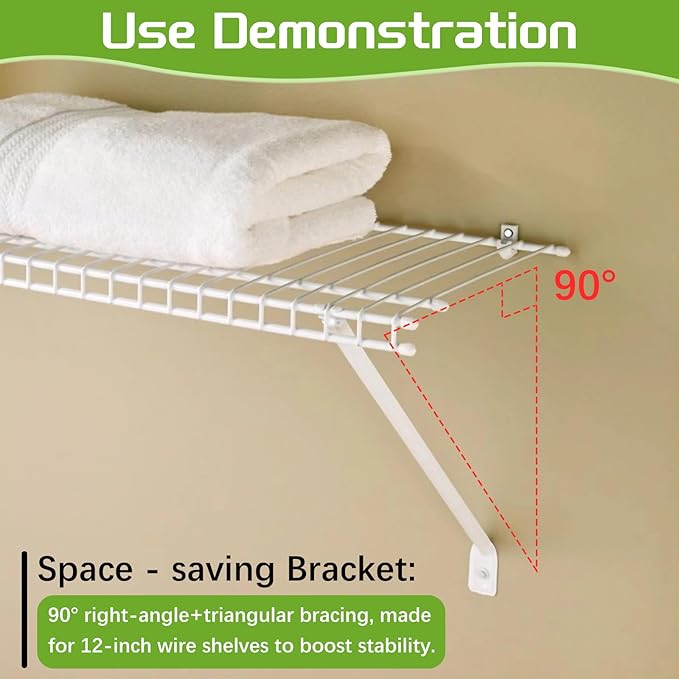 12 Inch Heavy Duty Shelf Brackets, Wire Shelf Brackets Set Include 3 Support Brackets, 2 Wire Shelf End Brackets, 6 Wall Clips, with Screws, Wire Shelving Accessories for Garage, RV, Kitchen, Closet