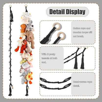 1/2 pcs 80" Cotton Hanging Storage Chain For Stuffed Animals Storage with 20 Metal Clips, Stuffed Animal Organizer Chain for Wall Corner Nursery Play Room, Black