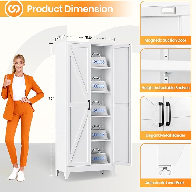 Metal White Storage Cabinet with 2 Doors and 4 Adjustable Shelves, 75" Tall Kitchen Pantry cabinets, Farmhouse Food Pantry Cabinet,5 Tier Freestanding Barn Door Cupboard for Kitchen Dining/Living Room