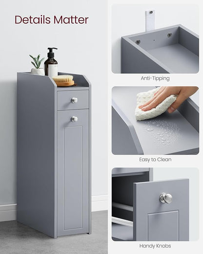 VASAGLE Slim Storage Cabinet, Narrow Storage Organizer with Slide Out Drawers, Freestanding Toilet Paper Holder, Small Space Skinny Cabinet for Bathroom Kitchen Corner, Dove Gray UBBC847G02