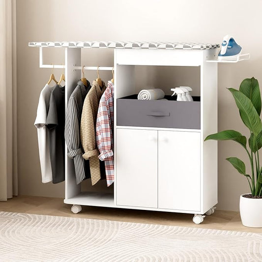 Rolling Ironing Board with Storage Cabinet, Wooden Ironing Board Cabinet with Drawer, Compact Space-Saving Ironing Table with Iron Rest Rack for Laundry Room, Living Room (One Size, Geometric)