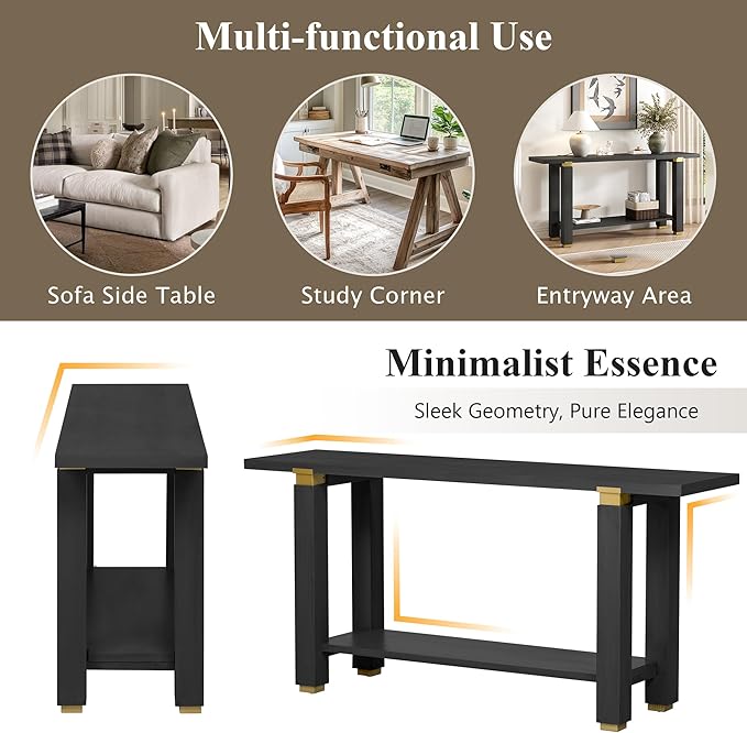 62.9" Modern Minimalist Console Table, Solid Wood Entryway Sofa Table with Metal Accents, 2-Tier with Open Shelf and Built-in Shelf for Living Room, Hallway (Black-J22)