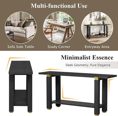 62.9" Modern Minimalist Console Table, Solid Wood Entryway Sofa Table with Metal Accents, 2-Tier with Open Shelf and Built-in Shelf for Living Room, Hallway (Black-J22)