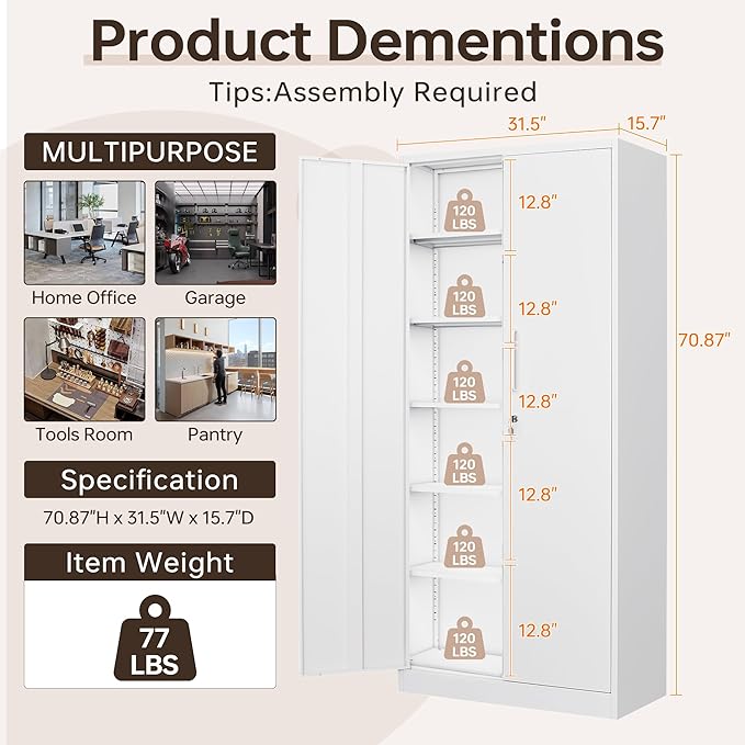 Metal Storage Cabinet with Lock, 71" White Garage Cabinets with 2 Doors and 5 Adjustable Shelves, Steel Locking Caninets Tall Tool Utility Caninet, Lockable File Cabnet for Home Office, Pantry