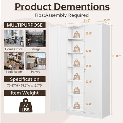 Metal Storage Cabinet with Lock, 71" White Garage Cabinets with 2 Doors and 5 Adjustable Shelves, Steel Locking Caninets Tall Tool Utility Caninet, Lockable File Cabnet for Home Office, Pantry
