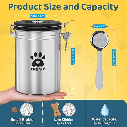 Dog Treat Container Airtight- 7.2"x4.7" /1.8L Stainless Steel Cat Treat Jar for Kitchen Counter with Scoop, Pet Storage for Fresh Dog Cookie
