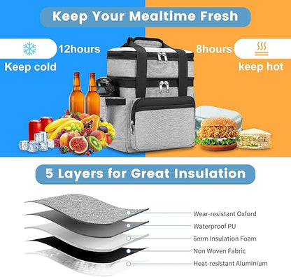 Insulated Lunch Bag & Lunch Box for Men - Double Deck Reusable Lunch Bag for Women Tote Cooler Bag Leakproof Soft Expandable - Large Lunchbox for Work/Adult/Picnic/Outdoor (Gray，15L)