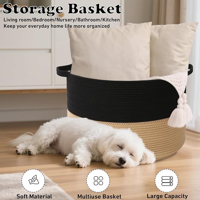 90L Large Blanket Basket,21.7"L x 21.7"W x 13.8"H Rope Woven Baskets with Handles, Toys Storage Bins,Laundry Basket Perfect for Living Room, Nursery,Bedroom,Home Organization,Black&Camel