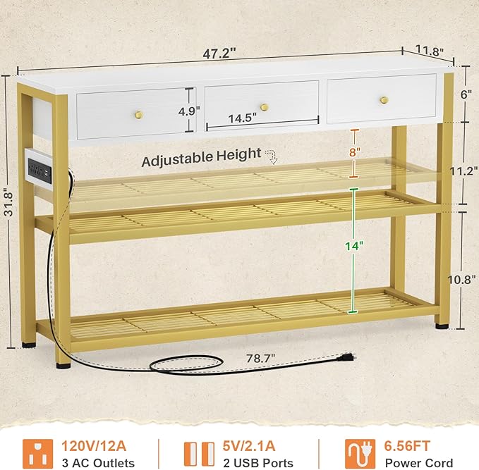 Ecoprsio 47'' Entryway Table with Outlets and USB Ports, Console Table with 3 Drawers, Sofa Table Narrow Long with Storage Shelves for Living Room, Couch, Hallway, Foyer, White and Golden