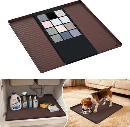 URMONA Waterproof Silicone Under Sink Mat 19'' x 19'' Shelf Liner for Kitchen and Bathroom, Cabinet and Counter Protector, Storage and Organizers, Litter Mat, Pet Cat Puppy Essentials(Brown)