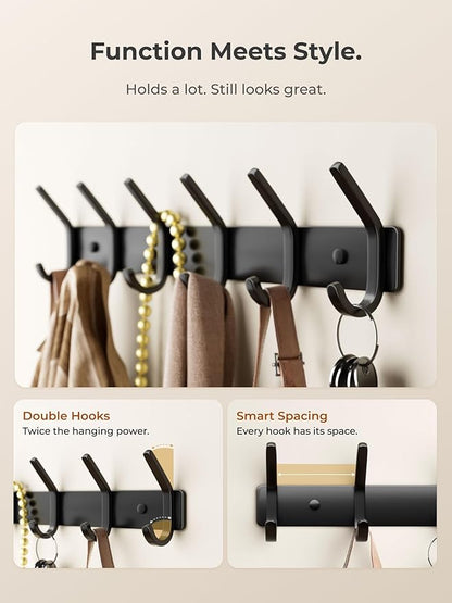 Coat Rack Wall Mount Hooks - 15 Inch Matte Black Metal 6-Hook Organizer Wall Mounted, Modern Kids Room, Entryway & Bathroom Hanger for Beach Towels, Coats, Purses, Bags (1 Pack)