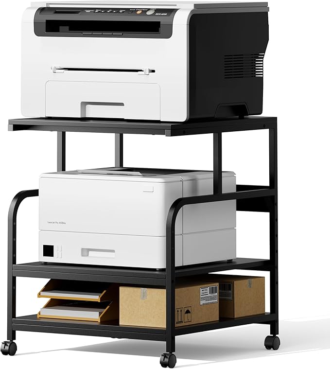 Printer Stand, 23.6''×23.6''×29'' Large Printer Table for Home Office with Locking Casters, Sturdy 3-Tier Rolling Cart with Adjustable Shelf, Mini Fridge Stand, Home Office Essentials, Black