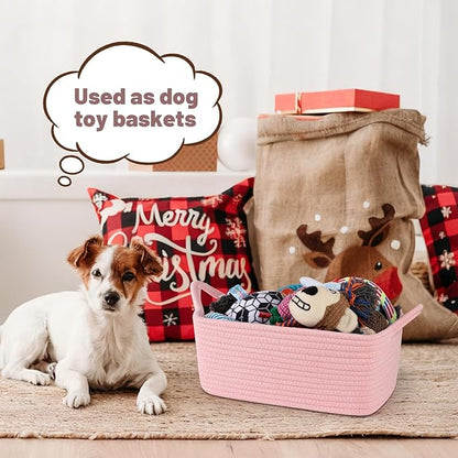 Basket for Gifts Empty, Woven Storage Basket with Gift Bag, Ribbon and Wrap Tissue Paper, Small Rope Toy Storage with Handles for Baby Shower, Dog Toy Organizer, 13.6" x 10" x 5.9”, Pink