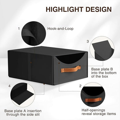 Closet Organizers and Storage - Large Stackable Storage Bins with Drawer, Fabric Bins for Organization, Collapsible Storage Drawers Organizer for Bedroom, Living Room, 4 Pack, Black