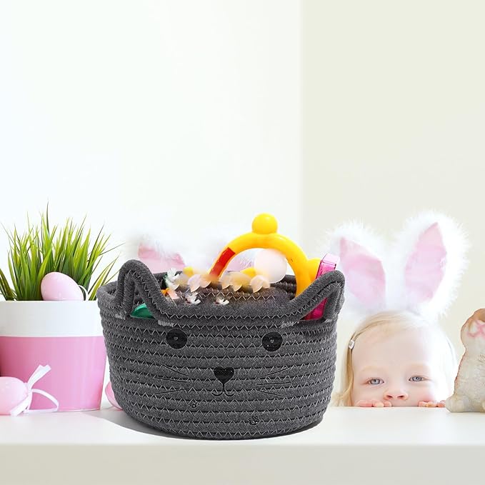 Zopeal Cat Basket Storage Woven Organizer with Ears Easter Decorative Gift Pet Toy Cute Cotton Rope Basket for Gift Cat Dog Toy Bin Nursery Room(8.3 x 4.7 Inch,Gray)