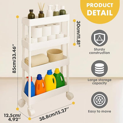 ShellKingdom 4 Tier Bathroom Storage Organizer, Slim Rolling Storage Cart for Narrow Space, Mobile Shelving Unit with Lockable Wheels and Hooks for Bathroom, Kitchen, Laundry Movable Shelf (White)