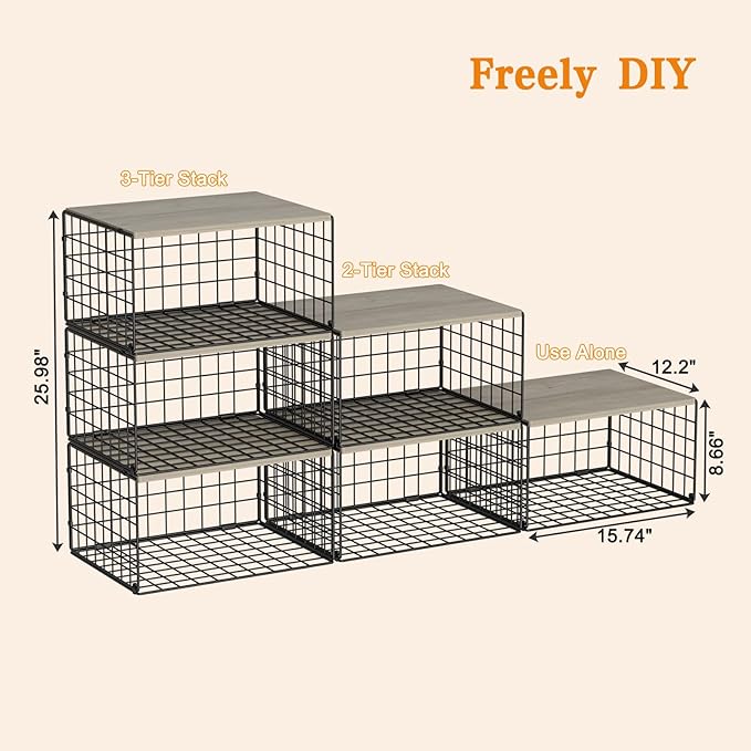 Extra-Long, Low-Profile Closet Organizers and Storage with Wood Top, 3 Pack Stackable Closet Shelf Organizer, Space-Saving Clothes Storage Bin for Wardrobe & Bedroom & Small Spaces, Sturdy Metal Black