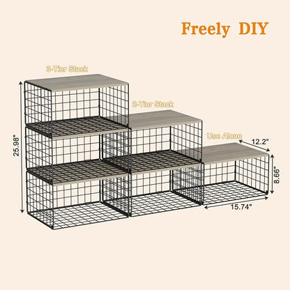 Extra-Long, Low-Profile Closet Organizers and Storage with Wood Top, 3 Pack Stackable Closet Shelf Organizer, Space-Saving Clothes Storage Bin for Wardrobe & Bedroom & Small Spaces, Sturdy Metal Black