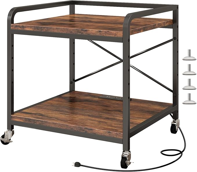 Under Desk Printer Stand with Power Outlet Large Printer Table with Adjustable Shelf,Industrial Wheels, 20 Inches Deep 2 Tier Rolling Printer Cart for Home Office, Rustic Brown