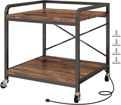 Under Desk Printer Stand with Power Outlet Large Printer Table with Adjustable Shelf,Industrial Wheels, 20 Inches Deep 2 Tier Rolling Printer Cart for Home Office, Rustic Brown