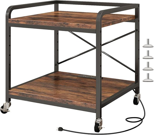 Under Desk Printer Stand with Power Outlet Large Printer Table with Adjustable Shelf,Industrial Wheels, 20 Inches Deep 2 Tier Rolling Printer Cart for Home Office, Rustic Brown