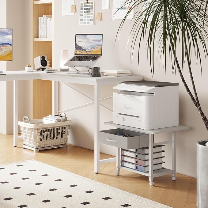 YAOHUOO 22"x15" Large Printer Stand with Storage Drawer, 2-Tier Under Desk Table for Home Office, Fits Fax Machine/3D Printer/Scanner (White)