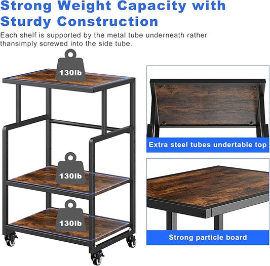 21.3 x 15.7 Inch Printer Stand, 5-Adjustable Heights 3 Tier Printer Cart with Wheels, Mobile Printer Table for Home Office for Storage Heat Press Scanner Fax, Rustic Brown