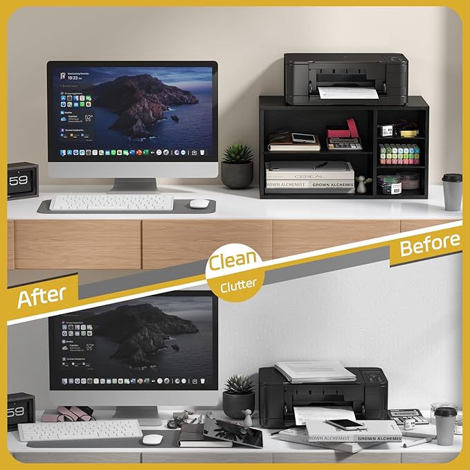 MARTY Printer Stand with Storage for Desk Large Desktop Printer Stand Desk Organizer with Paper Storage Holder File Organizer Wooden Printer Shelf Riser for Home/Office, Black