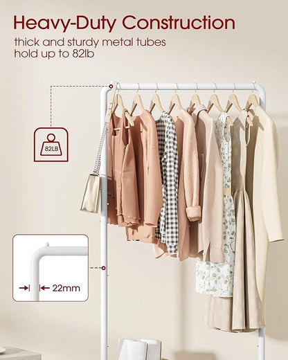 Clothes Rack - Clothing Rack with Storage Mesh Shelf & Casters, Heavy-Duty Metal Clothing Rack for Hanging Clothes, Dresses, Coats, Large Load Capacity, Easy Assembly, White, 28.0"x16.9"x59.0"