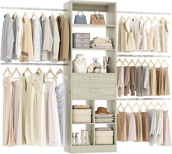Closet System, 4-8 FT Closet Organizer Systems with 2 Wooden Drawers and 5 Hanging Rods, Can Fit 60 to 96 inch Walk-in Closet System, Greige Oak