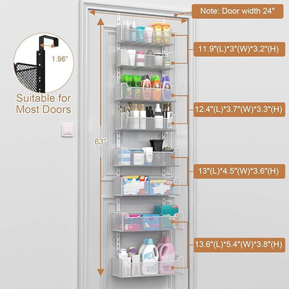 Over The Door Organizer, 8-tier Metal Door Organizer Hanging with Adjustable Baskets, Behind The Door Storage for Bedroom Closet Bathroom Pantry Cabinet Kitchen, White
