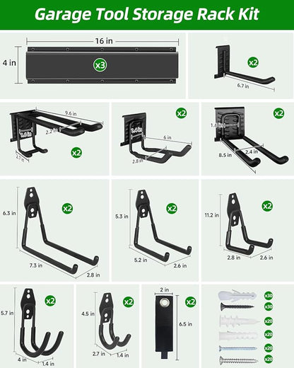Garden Tool Organizer 48 in with 18 Garage Hooks, Heavy Duty Garage Wall Hooks for Hanging Ladder, Bike, Tool Storage Rack for Yard Tools, Shovel, Shed (23 Pack)