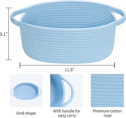 ABenkle Small Basket with Handles - Decorative Durable Rope Woven Storage Bin Shelf Storage Organizer Cube, Easter Baby Gift Basket, 12"x8"x5", Blue