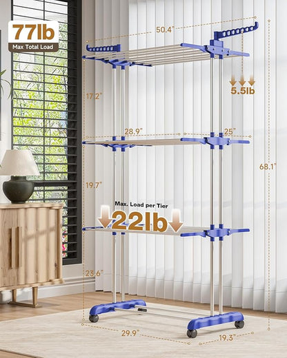 Bigzzia Clothes Drying Rack, Folding Stainless Steel Drying Rack Clothing Indoor Outdoor, Space-Saving, 4 Tier Laundry Drying Rack with Two Side Wings Grey Blue
