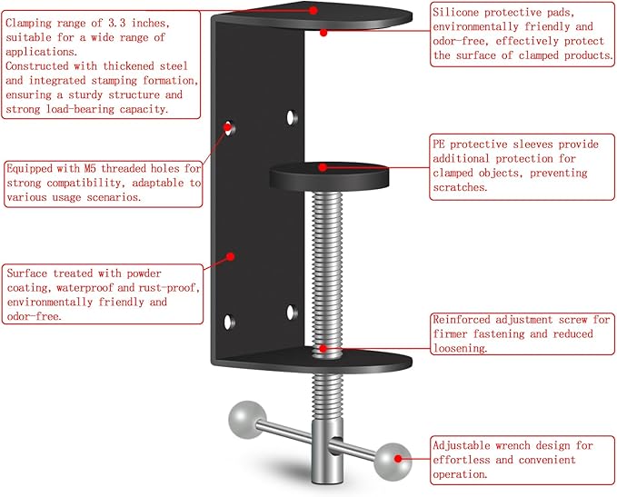 2-Pack 3 Inch Heavy Duty Black C-Clamps for Desk & Table, 0.9-3.3 Inch Clamping Range, 4 Mounting Holes, Metal Workbench Clamps(Long Screw)