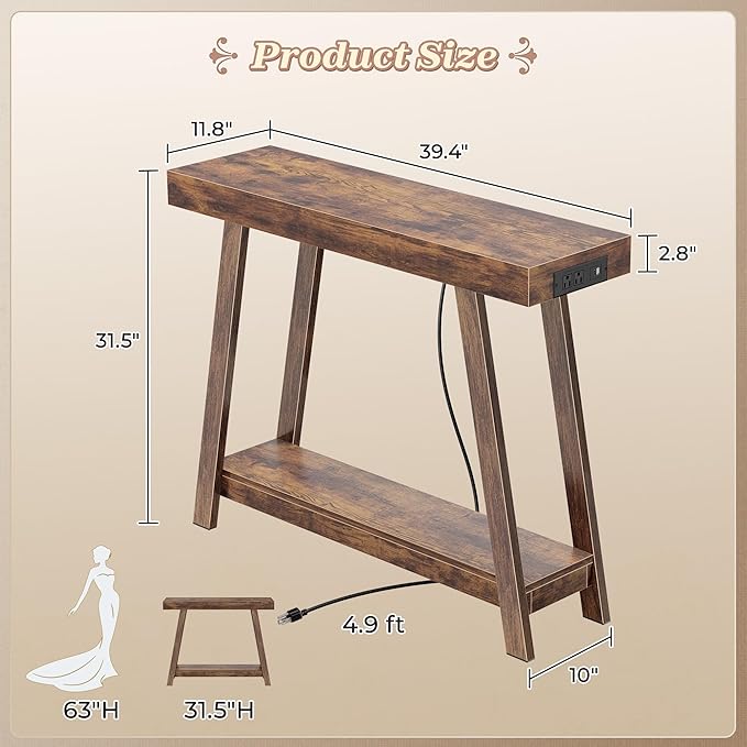 Huuger Console Table with Charging Station, USB-C Port, 2 Tiers Entryway Table, 39.4 Inch Sofa Table with Metal Legs, Entry Hallway Table with Thicker Desktop, Behind Couch Table, Rustic Brown