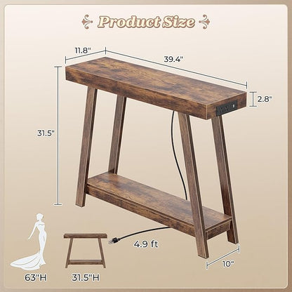 Huuger Console Table with Charging Station, USB-C Port, 2 Tiers Entryway Table, 39.4 Inch Sofa Table with Metal Legs, Entry Hallway Table with Thicker Desktop, Behind Couch Table, Rustic Brown