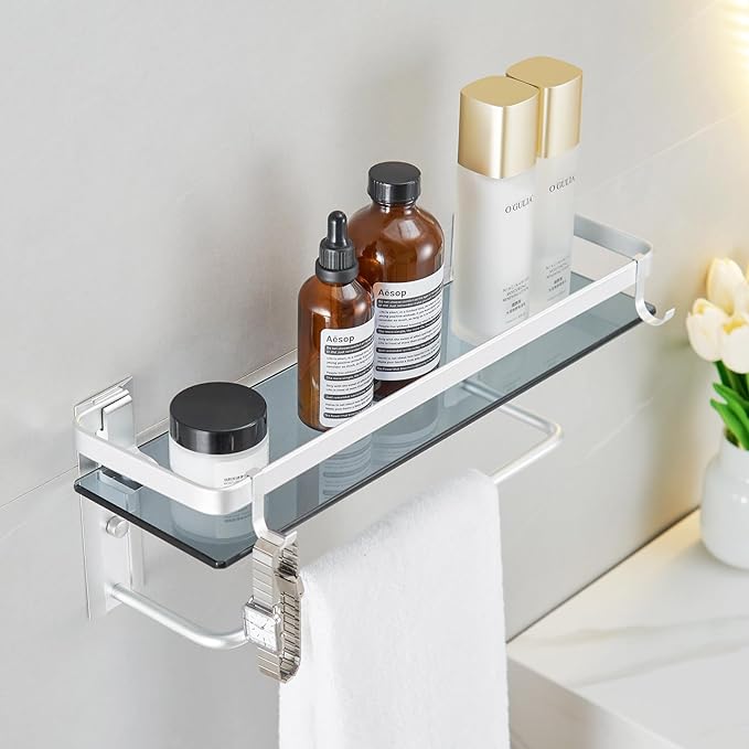 VOLPONE Glass Bathroom Shelf 15.7 in Bathroom Wall Shelf with Towel Holder Tempered Glass Shelf Wall Mount with 2 Removable Hooks Silver（1 Tier）