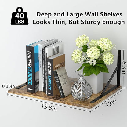 Deep Floating Wall Shelves - 4 Sets of 12 Inch Wide Rustic Brown Wood Shelves for Bathroom, Bedroom, Kitchen, Living Room